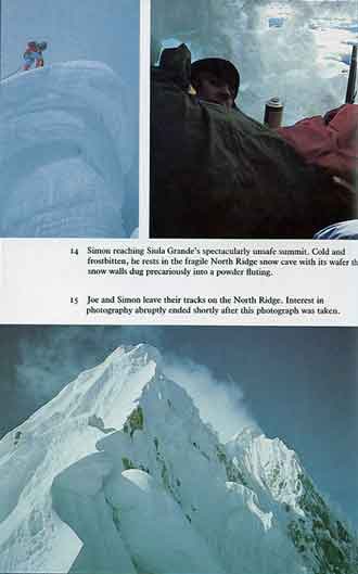 
UL: Simon Yates On Siula Grande Summit 1985. UR: Simon Yates In North Ridge Snow Cave. Bottom: Joe and Simon leave their tracks on the Siula Grande North Ridge - Touching The Void book
